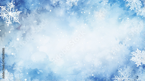 light blue winter background with blurred white snowflakes, watercolor Christmas greeting form, an empty copy space in the cold colors of winter © kichigin19
