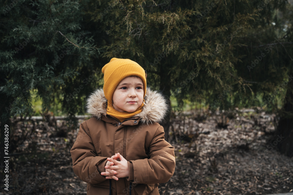 portrait of Caucasian child preschooler kid boy in a jacket and hat walking in the park in autumn portrait of Caucasian child preschooler kid boy in a jacket and hat walking in the park in autumn
