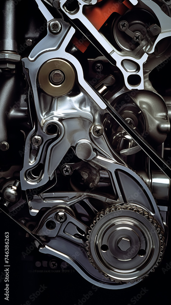 vertical background timing belt, metal parts of the gear of the car engine inside, service inspection vertical background timing belt, metal parts of the gear of the car engine inside, service inspection