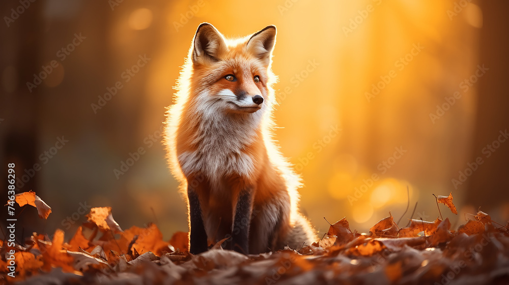cute fox in the autumn forest, orange tones of an autumn day in a portrait of a wild nature predator cute fox in the autumn forest, orange tones of an autumn day in a portrait of a wild nature predator