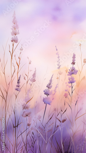 high, narrow, lavender background delicate pastel pink flowers blurred background with copy space vertical, panorama