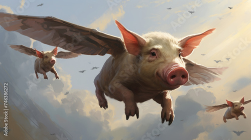 Pigs with wings flying in the sky