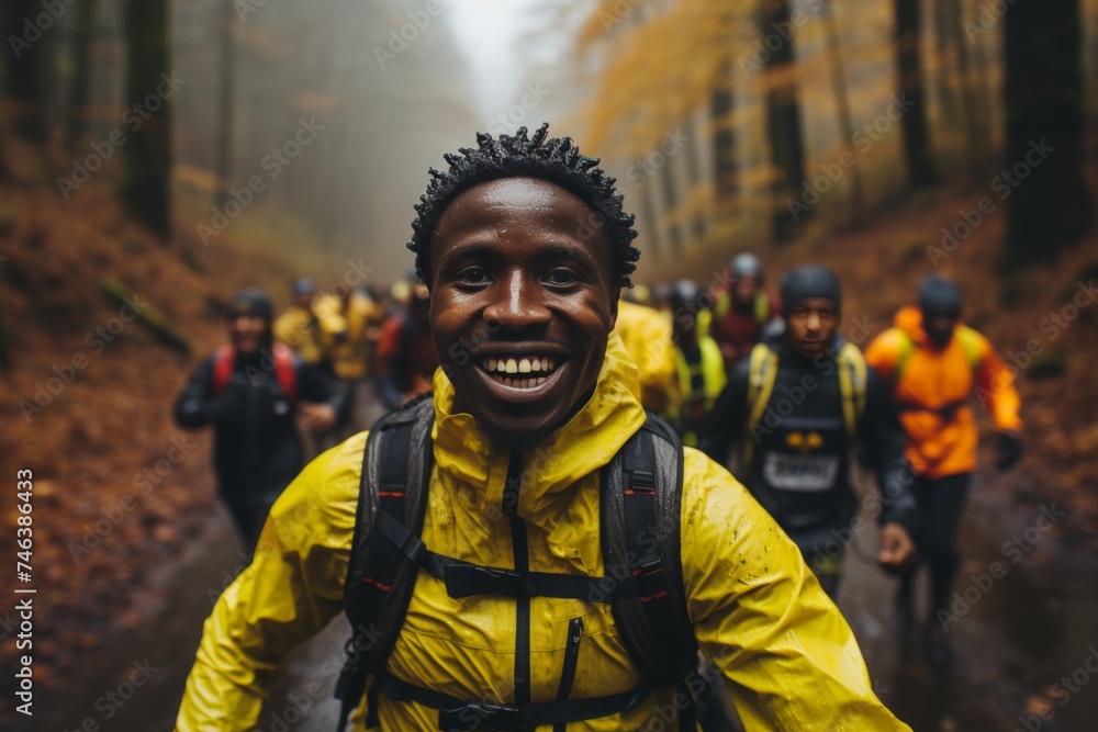 A group of athletes in a group photo after a race in the forest, everyone is smiling and in high spirits A group of athletes in a group photo after a race in the forest, everyone is smiling and in high spirits