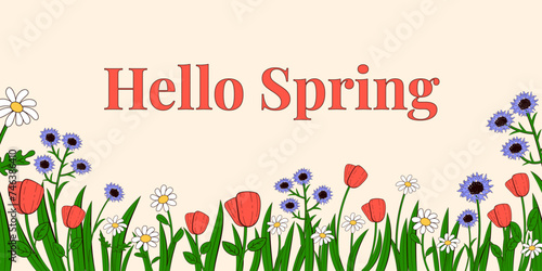 Horizontal background with wildflowers along the edge in retro linear style. Spring botanical vector banner with place for text.