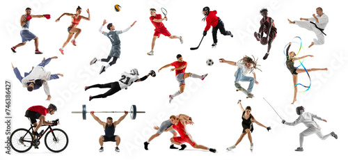 Team and individual kinds of sport. Collage made of portraits different sportsman training in motion against white studio background. Concept of sport, active lifestyle, achievements, challenges.