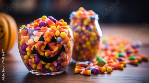 Trick or treat bonanza candy on blurred background with copy space. Halloween concept © chelmicky