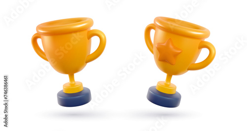 Champion cups set 3d cartoon vector illustration. Win prize, first place sport competition isolated design element. Isolated cartoon trophy cup on white background.