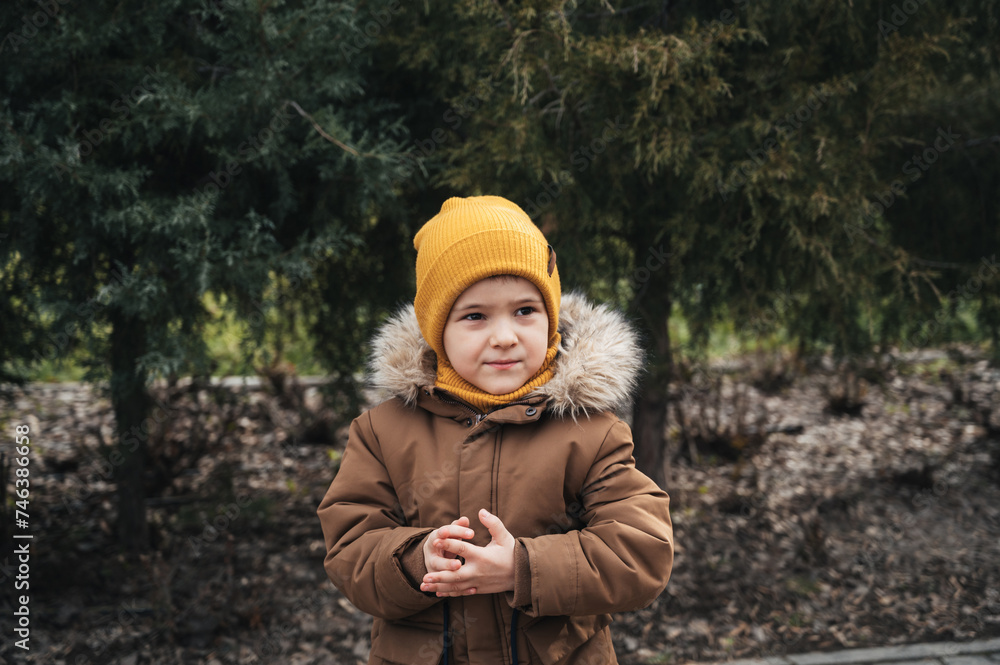 portrait of Caucasian child preschooler kid boy in a jacket and hat walking in the park in autumn portrait of Caucasian child preschooler kid boy in a jacket and hat walking in the park in autumn