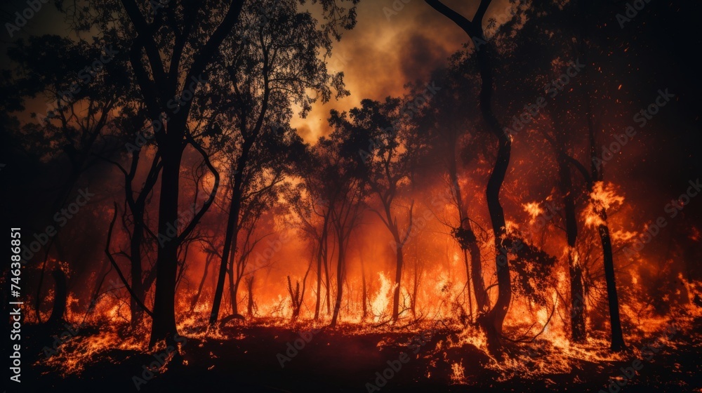 Massive forest fire eruption. catastrophic impact on the environment and wildlife Massive forest fire eruption. catastrophic impact on the environment and wildlife