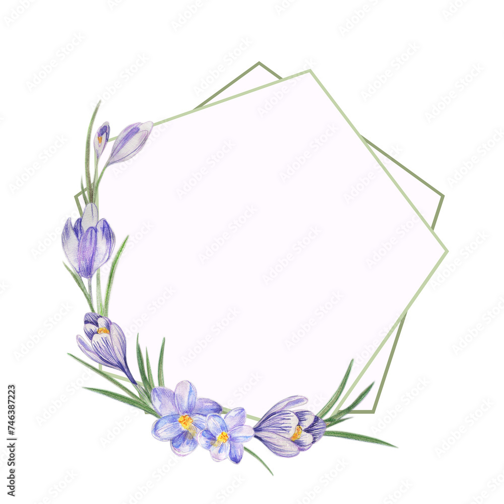 Watercolor flower frame with bouquets of delicate spring wildflower lily crocuses. Design for printing postcards, invitations to weddings, birthdays, spring and summer holidays Watercolor flower frame with bouquets of delicate spring wildflower lily crocuses. Design for printing postcards, invitations to weddings, birthdays, spring and summer holidays