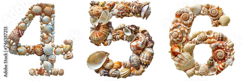 Beach Shells Numbers 4 5 6 Isolated on Transparent or White Background, PNG