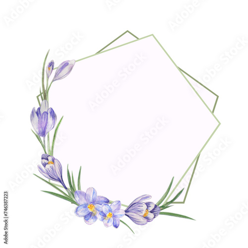 Watercolor flower frame with bouquets of delicate spring wildflower lily crocuses. Design for printing postcards, invitations to weddings, birthdays, spring and summer holidays
