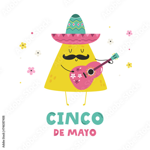 Holiday design for Cinco de Mayo with funny nachos in sombrero playing the guitar