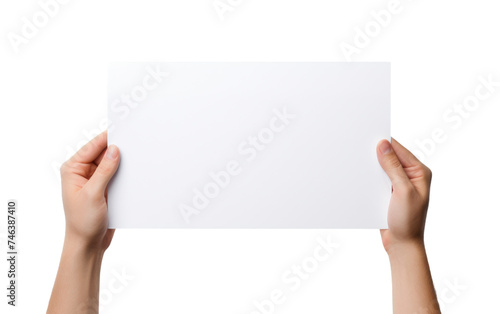 A person is holding up a white piece of paper in their hand, with fingers clearly visible. The paper appears clean and blank, with no visible. on a White or Clear Surface PNG Transparent Background.