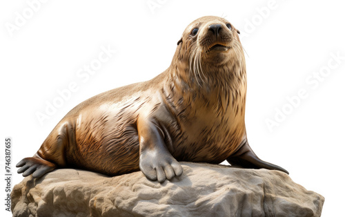 A bronze statue of a sea lion is depicted sitting on top of a large rock, with realistic details in its posture and facial expression. on a White or Clear Surface PNG Transparent Background.