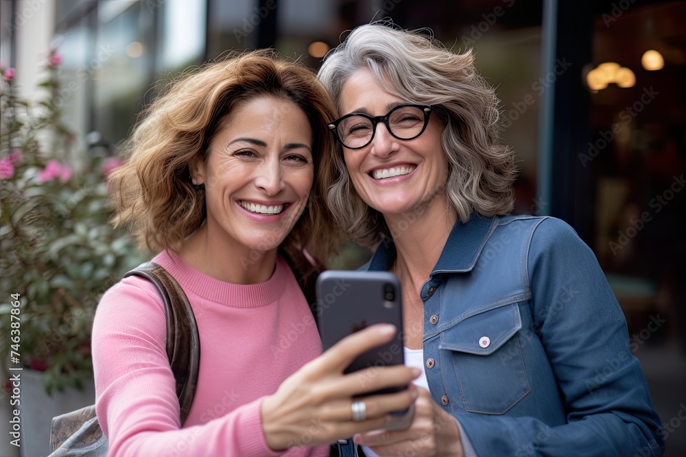 Friends taking a selfie in the street Friends taking a selfie in the street