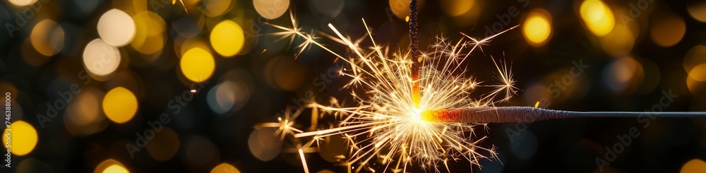 A singular, bright yellow sparkler, its light creating a stark contrast against a backdrop of dark, blurred bokeh lights, capturing the solitary but hopeful spirit of the New Year. A singular, bright yellow sparkler, its light creating a stark contrast against a backdrop of dark, blurred bokeh lights, capturing the solitary but hopeful spirit of the New Year.