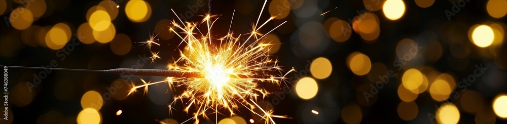 A singular, bright yellow sparkler, its light creating a stark contrast against a backdrop of dark, blurred bokeh lights, capturing the solitary but hopeful spirit of the New Year. A singular, bright yellow sparkler, its light creating a stark contrast against a backdrop of dark, blurred bokeh lights, capturing the solitary but hopeful spirit of the New Year.
