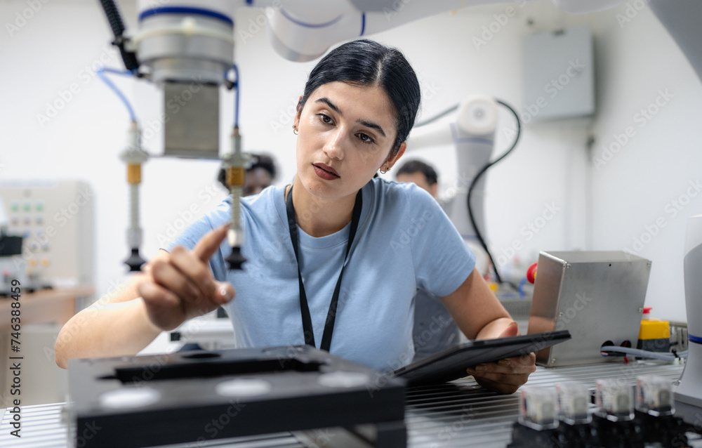Robotic development engineer working robot arm connection and control at electronic futuristic science laboratory. Female technician learning smart innovation machine in automated engineering academy Robotic development engineer working robot arm connection and control at electronic futuristic science laboratory. Female technician learning smart innovation machine in automated engineering academy