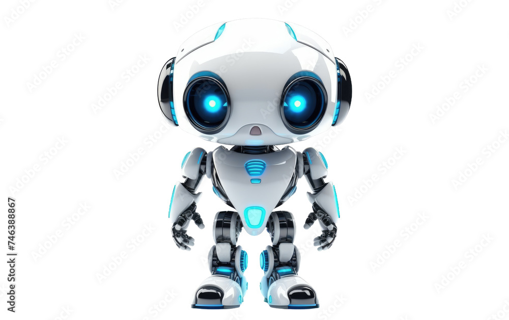 white robot with blue eyes is wearing headphones, possibly listening to music or receiving commands. The robot appears to be in a passive state. on a White or Clear Surface PNG Transparent Background. white robot with blue eyes is wearing headphones, possibly listening to music or receiving commands. The robot appears to be in a passive state. on a White or Clear Surface PNG Transparent Background.