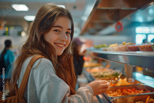 A smiling teenage girl in a high school cafeteria. Lunch at school