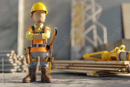 A 3D rendered image of a professional constructor standing next to building materials in a light yellow and bronze style giving a sense of realism and modernity, contractor, architecture concept