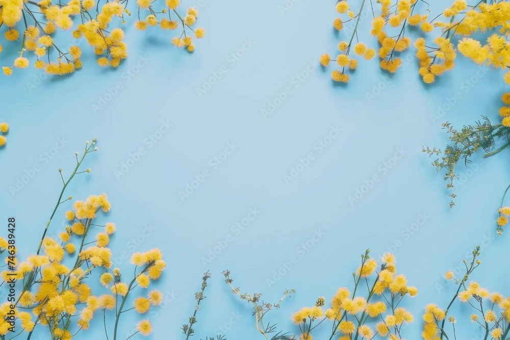 Top view of a vibrant frame crafted from yellow mimosa flowers, set against a cheerful yellow solid background