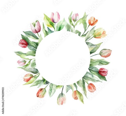 spring tulip flower wet watercolor background border frame with rounded copy space in the middle.