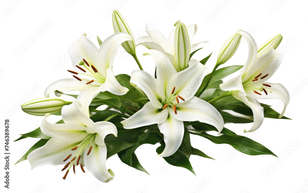 A collection of white lilies arranged in a bouquet set. The lilies stand out with their elegant petals and delicate fragrance on a White or Clear Surface PNG Transparent Background.