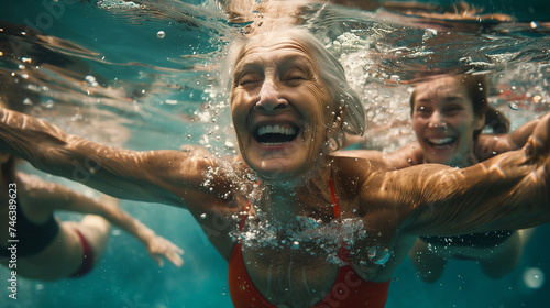 Smiling elderly woman swimming underwater with others