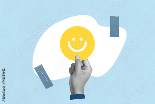 Creative art collage of A man show smile emoticon for rating feedback scale. Service rating, feedback, satisfaction concept