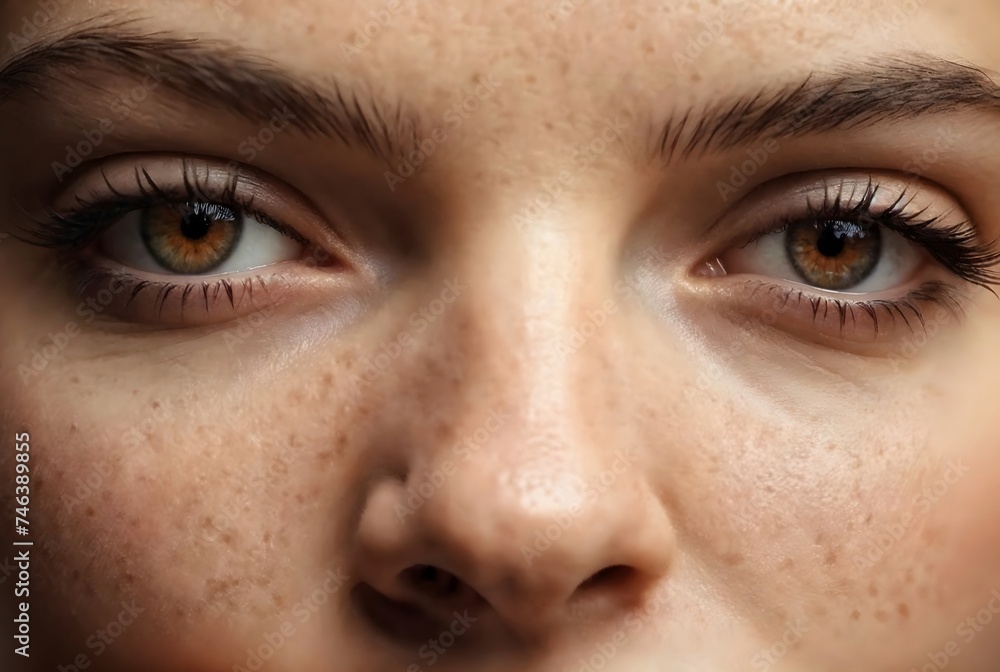 Caucasian Woman’s eyes and nose, close up macro camera view Caucasian Woman’s eyes and nose, close up macro camera view