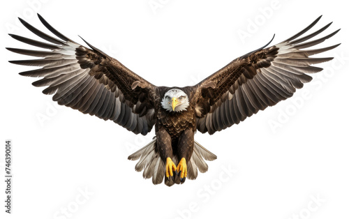 A large bird of prey is captured mid flight with its wings fully spread. The bird exudes a sense of strength and grace as it soars through the sky.