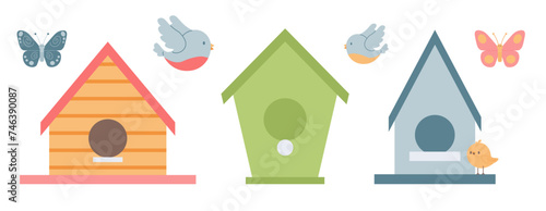 Spring birdhouses on white background. bird and butterfly. flat vector illustration