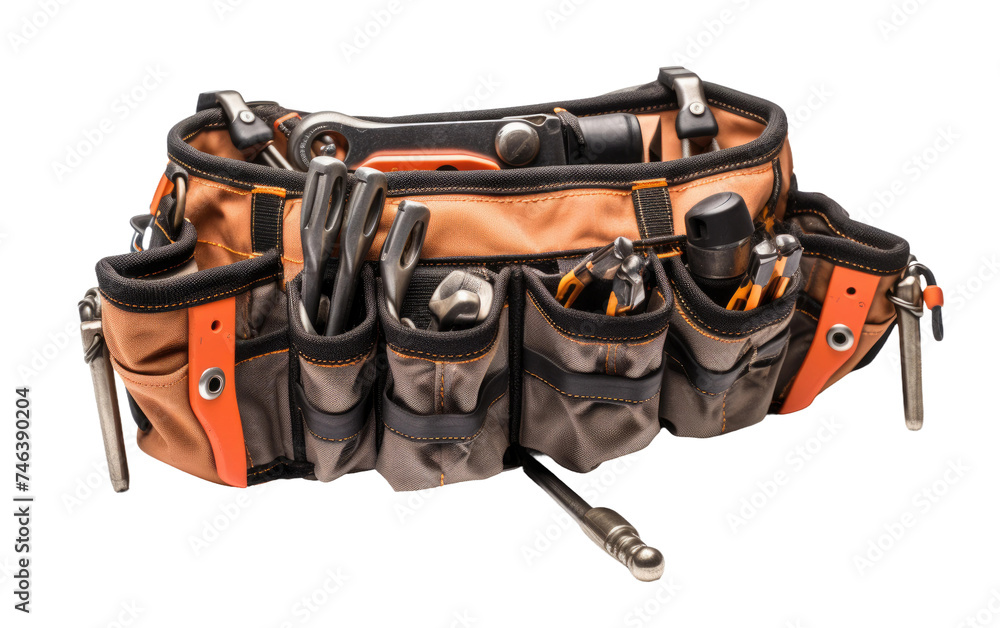 Tool Belt With Various Tools. A tool belt filled with an assortment of tools such as hammers, screwdrivers, pliers wrenches and measuring tapes. on a White or Clear Surface PNG Transparent Background. Tool Belt With Various Tools. A tool belt filled with an assortment of tools such as hammers, screwdrivers, pliers wrenches and measuring tapes. on a White or Clear Surface PNG Transparent Background.