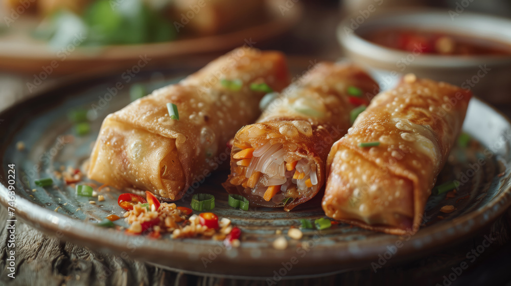 A close-up scene of golden, crispy fried spring rolls filled with pork, carrots, and glass noodles, glistening under soft, natural light on a rustic ceramic plate. A close-up scene of golden, crispy fried spring rolls filled with pork, carrots, and glass noodles, glistening under soft, natural light on a rustic ceramic plate.