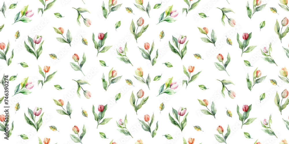spring tulip flower wet watercolor pattern seamless.