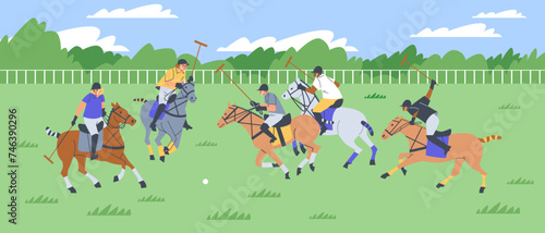 Jockeys and horses in a polo match - vector illustration.