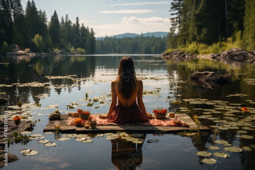 A woman meditates during yoga classes by the lake in summer, sitting on a wooden pier photo