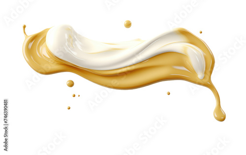 A white and yellow liquid is flowing out of a clear bottle in a steady stream. The liquid appears thick and viscous. on a White or Clear Surface PNG Transparent Background.