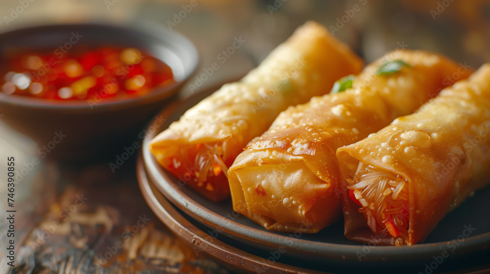 A close-up scene of golden, crispy fried spring rolls filled with pork, carrots, and glass noodles, glistening under soft, natural light on a rustic ceramic plate. A close-up scene of golden, crispy fried spring rolls filled with pork, carrots, and glass noodles, glistening under soft, natural light on a rustic ceramic plate.