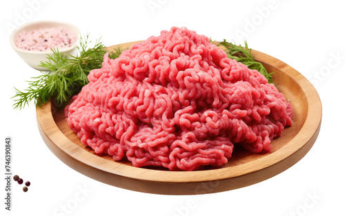 Ground Beef on Wooden Plate With Dip Bowl. A wooden plate topped with ground beef is placed next to a bowl of dip. on a White or Clear Surface PNG Transparent Background.