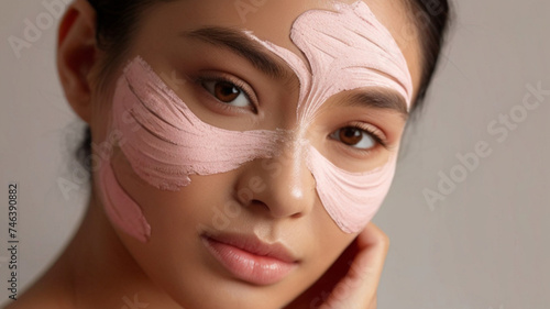Gorgeous young Asian woman with skin care pink clay mask on her face, for softening and soothing sensitive and weakened skin. It gently exfoliates the skin of the face.