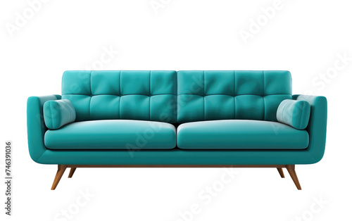 Blue Couch on White Floor. A blue couch rests on top of a white floor in a minimalist setting. on a White or Clear Surface PNG Transparent Background. © Usama