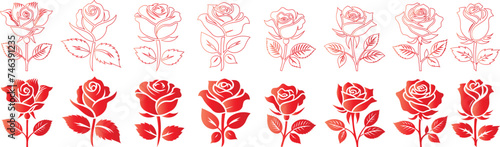 Red Rose Vector, Line Art Set, Floral Design, Hand Drawn Illustration of roses, Romantic, Love Symbol, Valentines Day, Wedding, Detailed, Isolated, White Background, High Quality, Scalable, Editable