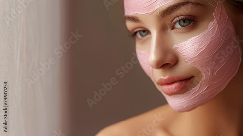 Gorgeous young woman with skin care pink clay mask on her face,  for softening and soothing sensitive and weakened skin. It gently exfoliates the skin of the face. photo