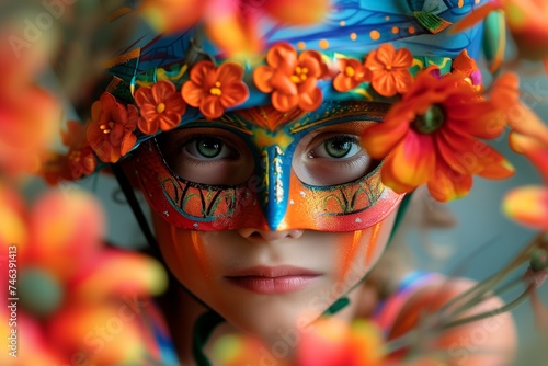 A whimsical image of a child, concealed behind a vibrant carnival mask, with a wreath hat adorned with bright orange flowers. © SardarMuhammad