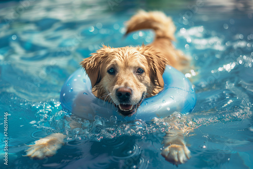 Happy dog swimming and floating ring in the pool