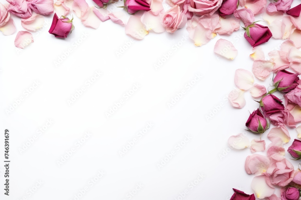 Frame of dried roses and petals on a white backdrop. Elegant Roses and Petals Frame Frame of dried roses and petals on a white backdrop. Elegant Roses and Petals Frame
