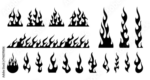 Classic silhouette flame, old school style. Black fire set isolated on white background. Old school and retro tattoo, neo-tribal style. Minimalist stylish fire. Vector graphic blaze collection.